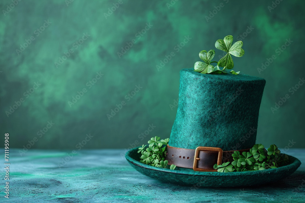 Leprechaun hat with shamrocks, for Irish St. Patrick's Day holiday. Green hat isolated with green background. Good luck shamrock leaves.
