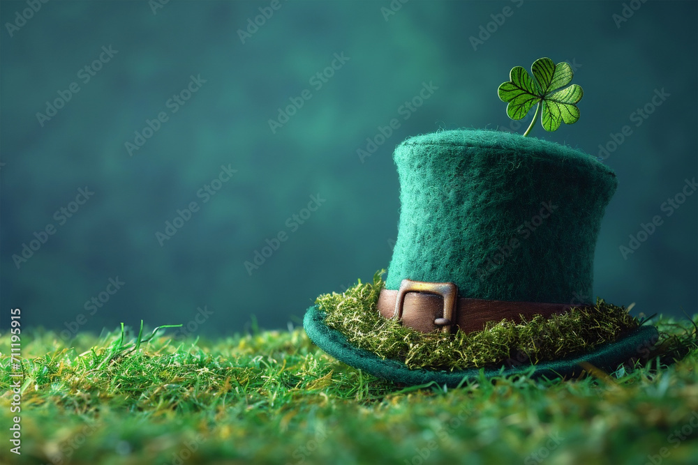 Leprechaun hat with shamrock, on the grass, for Irish St. Patrick's Day holiday. Green hat isolated with green background. Good luck shamrock leaves.