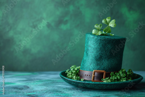 Obraz na płótnie Leprechaun hat with shamrocks, for Irish St. Patrick's Day holiday. Green hat isolated with green background. Good luck shamrock leaves. w salonie