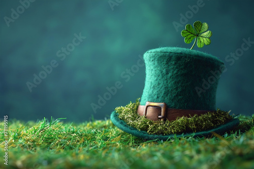 Obraz na płótnie Leprechaun hat with shamrock, on the grass, for Irish St. Patrick's Day holiday. Green hat isolated with green background. Good luck shamrock leaves. w salonie