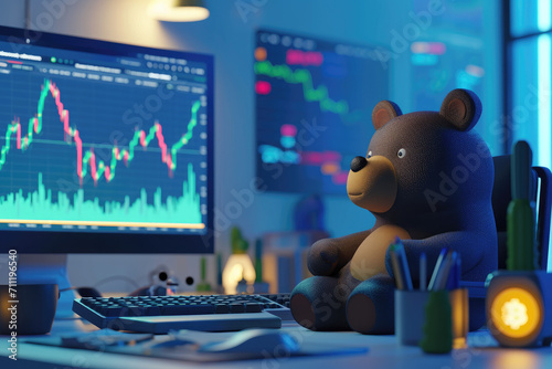 a 3d cartoon bear trader with computer, Stock market and Crypto currency, downtrend stock graph photo