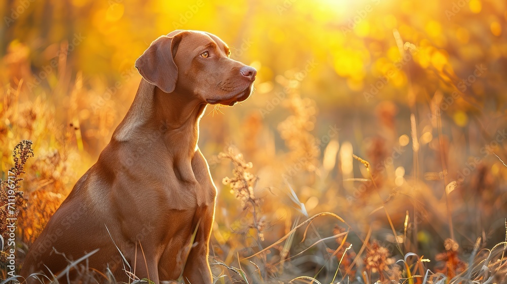 Hungarian hound pointer vizsla dog in autumn time in the field