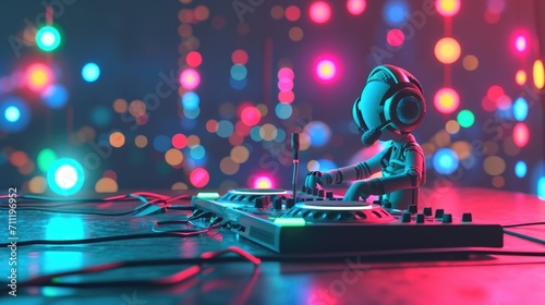 Cartoon digital avatars of a DJ at a Turntable with colorful lights and a microphone