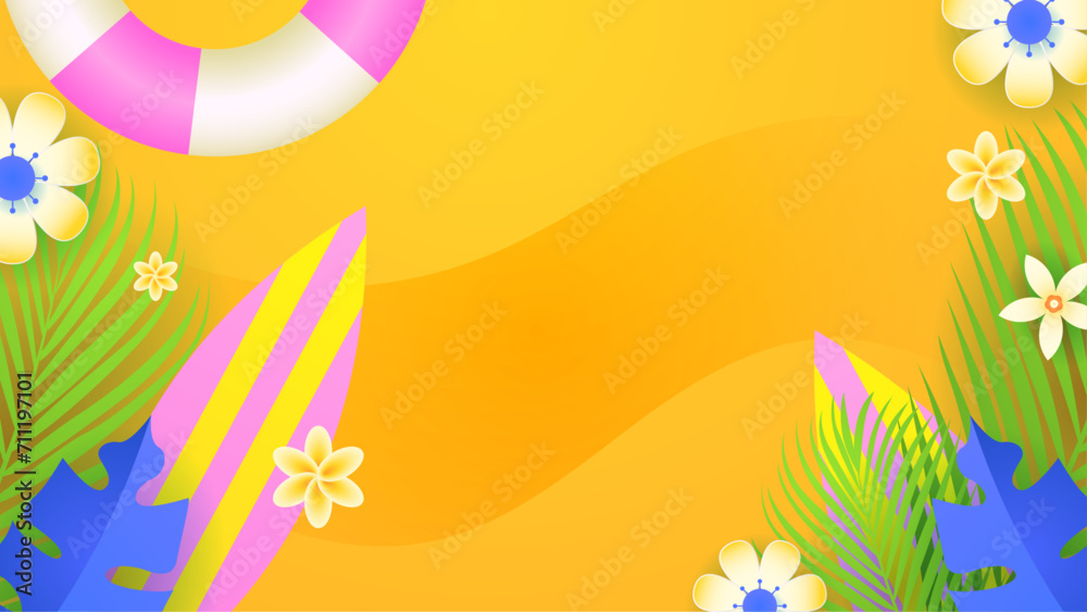 Colorful colourful vector realistic summer vacation abstract background. Summer background with surf, leave, flower, beach, lifebuoy, monstera, watermelon, drink, umbrella