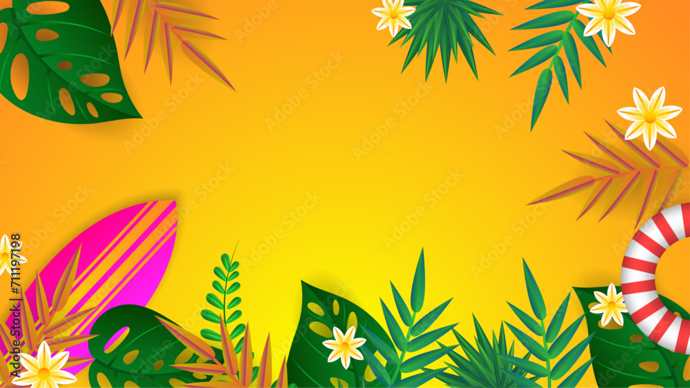 Colorful colourful vector hello summer background design with abstract tropical leaves and flower. Summer background with surf, leave, flower, beach, lifebuoy, monstera, watermelon, drink, umbrella