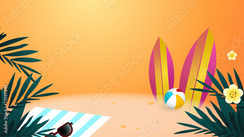 Colorful colourful vector illustration summer beach background. Summer background with surf, leave, flower, beach, lifebuoy, monstera, watermelon, drink, umbrella