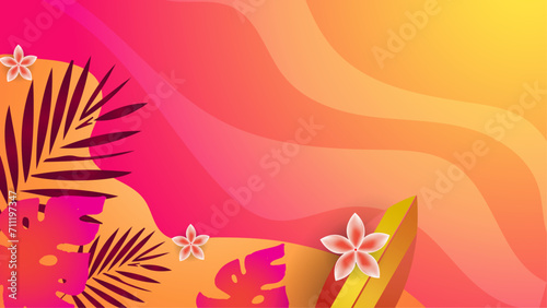 Colorful colourful vector realistic background for summer season. Summer background with surf, leave, flower, beach, lifebuoy, monstera, watermelon, drink, umbrella