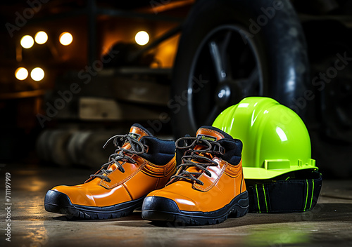illustration of workboots and high vis hat  photo