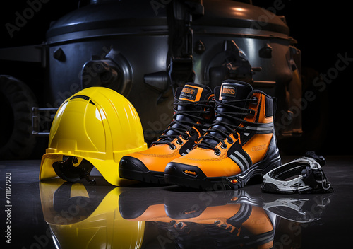 illustration of workboots and high vis hat  photo