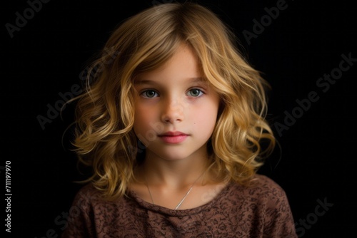 Portrait of a beautiful little girl with blond curly hair on a black background
