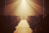 runway catwalk in the middle of the audience people. spotlight illuminated middle. empty runway.