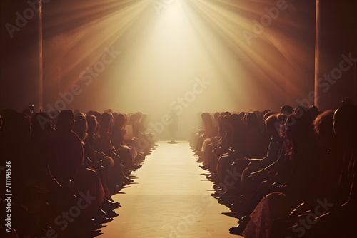 runway catwalk in the middle of the audience people. spotlight illuminated middle. empty runway. photo