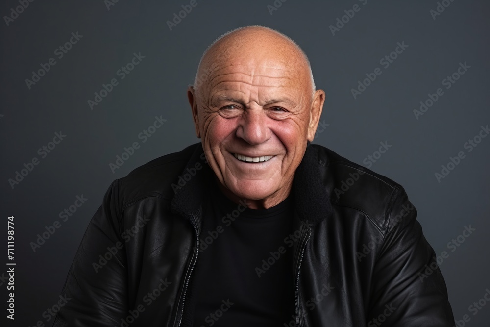 Portrait of an old man laughing while wearing a leather jacket. Portrait of an old man laughing while wearing a leather jacket.