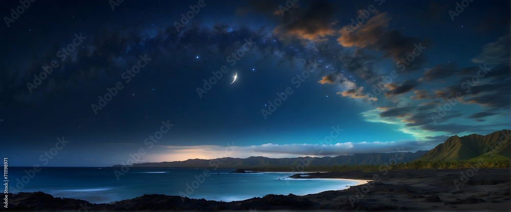 Seascape and landscape wwith soft beautiful light and milky way for relaxing the feeling