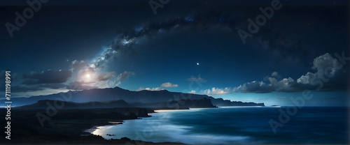 Seascape and landscape wwith soft beautiful light and milky way for relaxing the feeling