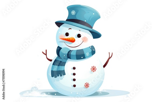 Cute cartoon snowman in hat and scarf, vector illustration. photo