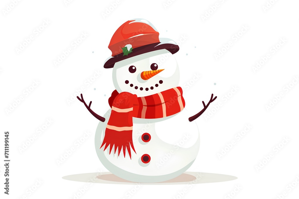 Snowman with red scarf and hat. Vector illustration in cartoon style