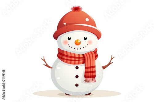 Cute snowman in red hat, scarf and mittens. Vector illustration