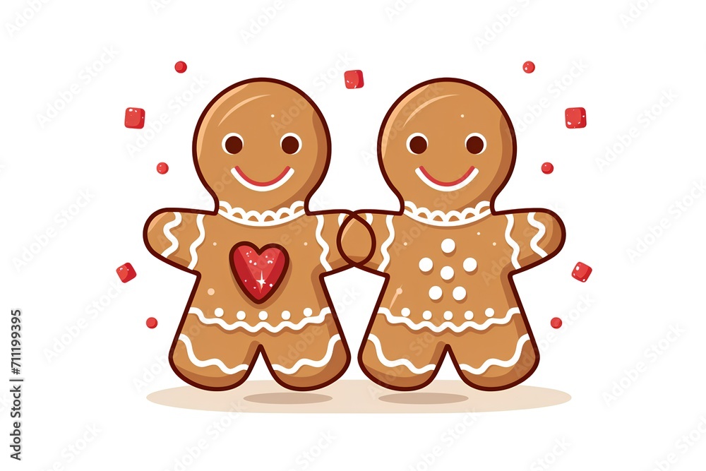 Cute couple of gingerbread men with hearts. Vector illustration.