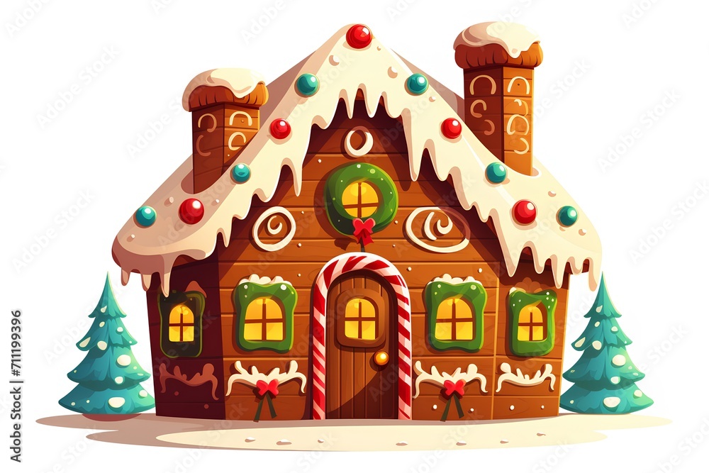 Christmas gingerbread house with christmas tree and candy cane vector illustration.
