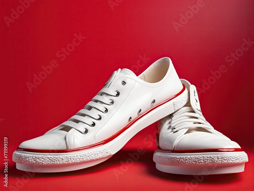 sneakers isolated on red background, different kind. Fashionable stylish sports casual shoes. Creative minimalistic layout with footwear. Advertising for shoe store, blog
