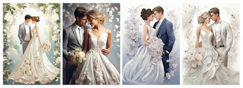 landing page design for wedding invitation, bride wear white wedding dress, bridegroom has short hair