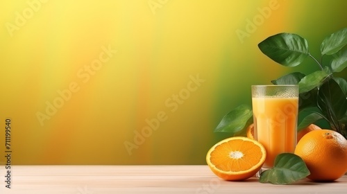 Oranges with green leaves and glass of orange juice on table with blur background. generative AI