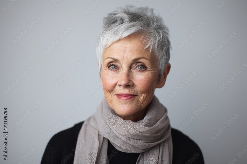 Portrait of senior woman with grey scarf over grey background. Looking at camera. Portrait of senior woman with grey scarf over grey background. Looking at camera.