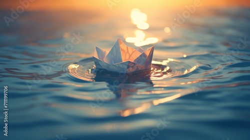 Origami paper boat on water with dramatic sunset. generative AI