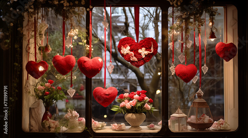 Valentine day celebration a window display with hanging crystal hearts.