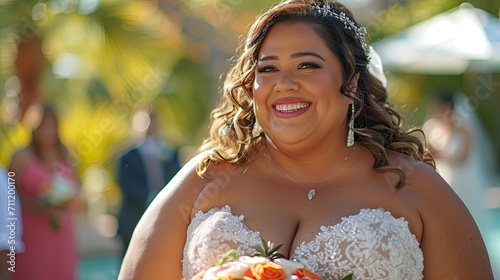 Middle-Age Latina Bride: Joyful Wedding Day, Happiness, Celebration, Bridal Bliss, Matrimonial Elegance, Love, Wedding Ceremony, Radiant Smile, Life's New Chapter, Nuptial Joy