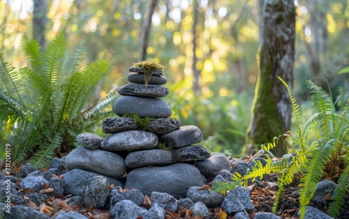 A cluster of stones, each the size of a palm, arranged together. In the forest and ferns. There is morning light.