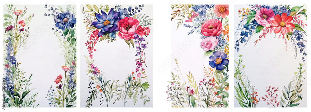 wedding invitation bordered by watercolor wild flowers