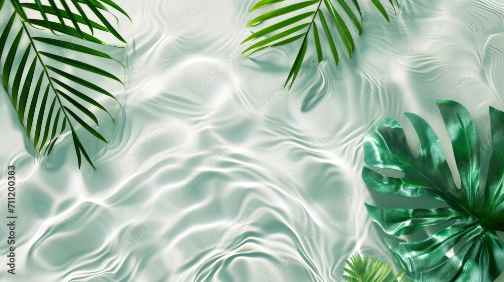 Spa concept with a palm leaf in wavy water. Abstract, transparent tropical water texture surface with palm leaves. top view, beauty backdrop, mockup, spa and wellness, copy space