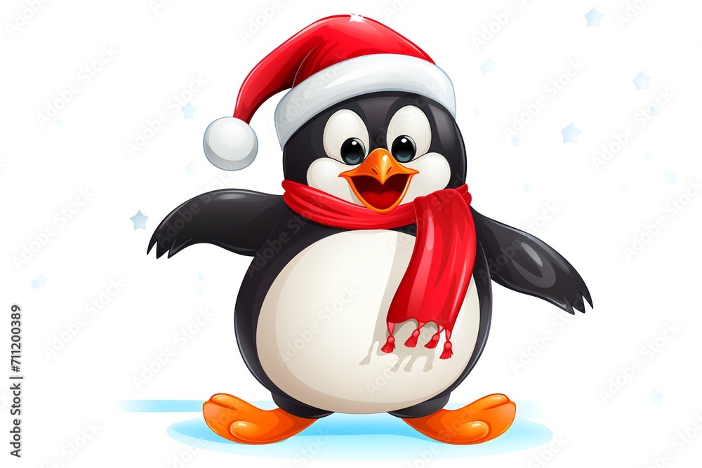 Fototapeta premium Penguin in Santa Claus hat and scarf isolated on white background