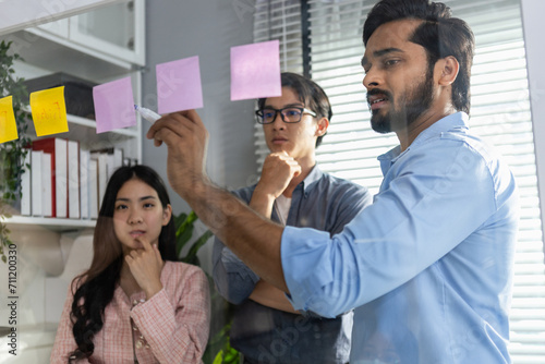 Business team meeting planning new strategy using colored sticky notes on mirror board in workplace, business teamwork brainstorm concept.