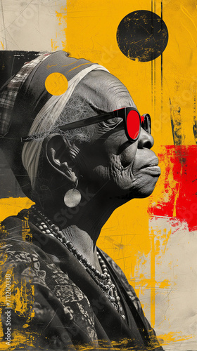 Elegant African elderly man on abstract yellow geometric background in modernist cut-out collage illustration. Visual concept for Black History Month on ethnic heritage of the people of Africa