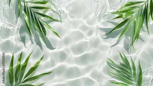 Spa concept with a palm leaf in wavy water. Abstract, transparent tropical water texture surface with palm leaves. top view, beauty backdrop, mockup, spa and wellness, copy space