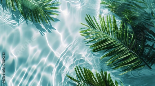 Spa concept with a palm leaf in wavy water. Abstract, transparent tropical water texture surface with palm leaves. top view, beauty backdrop, mockup, spa and wellness, copy space photo