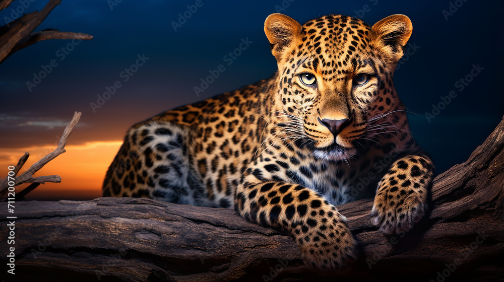 Obraz premium african leopard panthera pardus illuminated by beauty light staring at camera against dark sky.