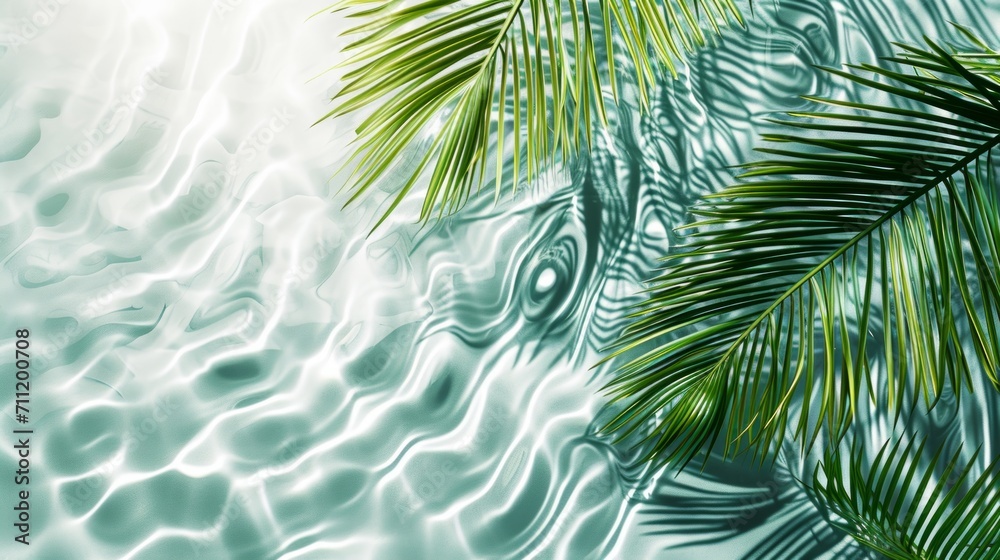 Spa concept with a palm leaf in wavy water. Abstract, transparent tropical water texture surface with palm leaves. top view, beauty backdrop, mockup, spa and wellness, copy space Spa concept with a palm leaf in wavy water. Abstract, transparent tropical water texture surface with palm leaves. top view, beauty backdrop, mockup, spa and wellness, copy space
