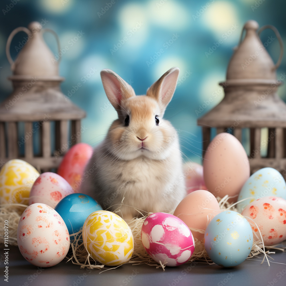 Süße kleine Osterhasen inmitten von Ostereiern Süße kleine Osterhasen inmitten von Ostereiern