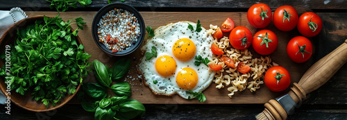 Panoramic banner with fresh vegetables and eggs on table. Healthy cooking concept with tomatoes, herbs and seasonings. Top view of Indoor Kitchen; cropped scene for advertising and website header