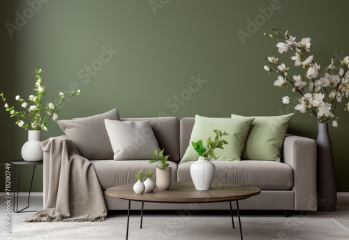 modern living room with modern furniture, in the style of light green and dark gray, nature morte, 20th century scandinavian style, vintage-inspired 