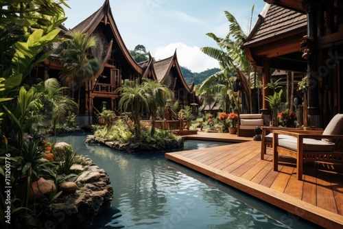 Thai style luxury resort, Asian architecture style luxury hotel with swimming pool, luxury pool villa in Bali, luxury villa on the river bank © shuping zhao