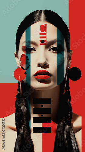 Modernist cutout collage  close up of Native American ethnic female descent  digital art composition. Concept artwork for advertising image  graphic design poster with abstract red geometric shapes