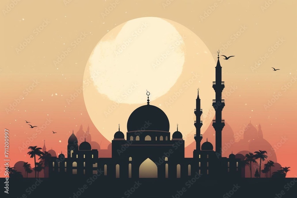 Greeting card depicting a mosque and crescent moon shrouded in smoke. Generative AI - obrazy, fototapety, plakaty 