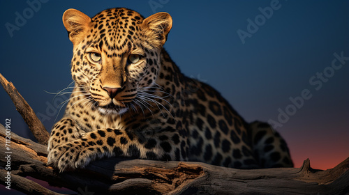 african leopard panthera pardus illuminated by beauty light staring at camera against dark sky.