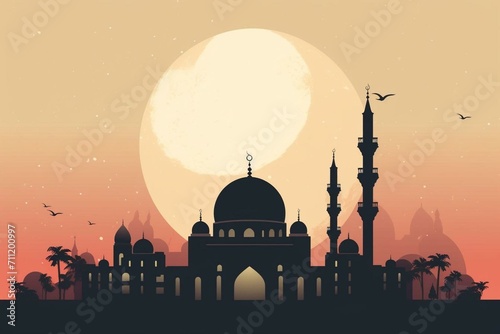 Greeting card depicting a mosque and crescent moon shrouded in smoke. Generative AI
