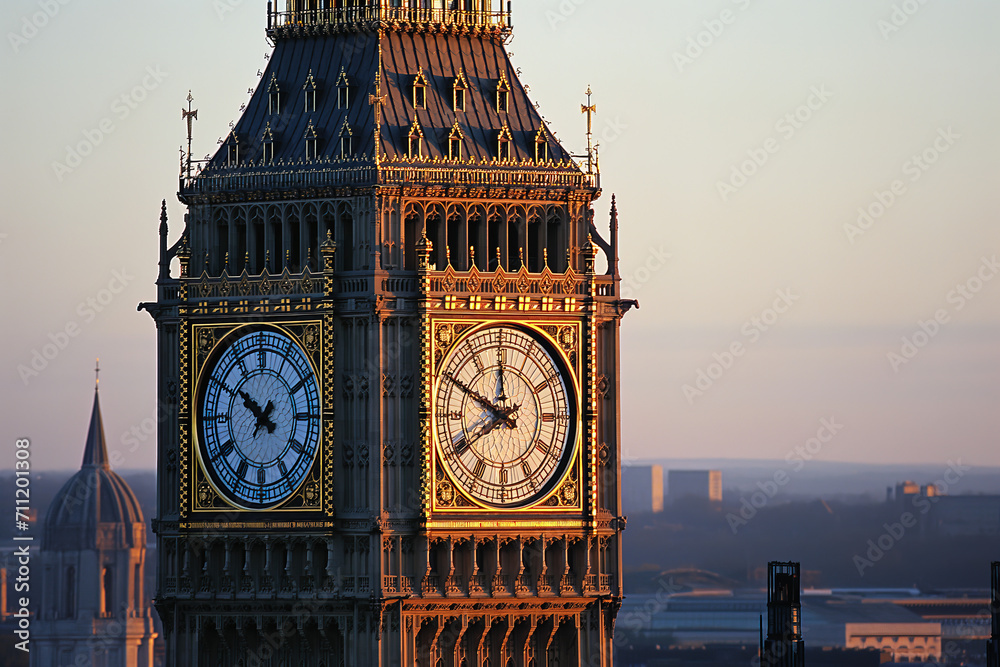 London UK skyline aerial view of Big Ben clock on a beautiful clear day at sunset	
